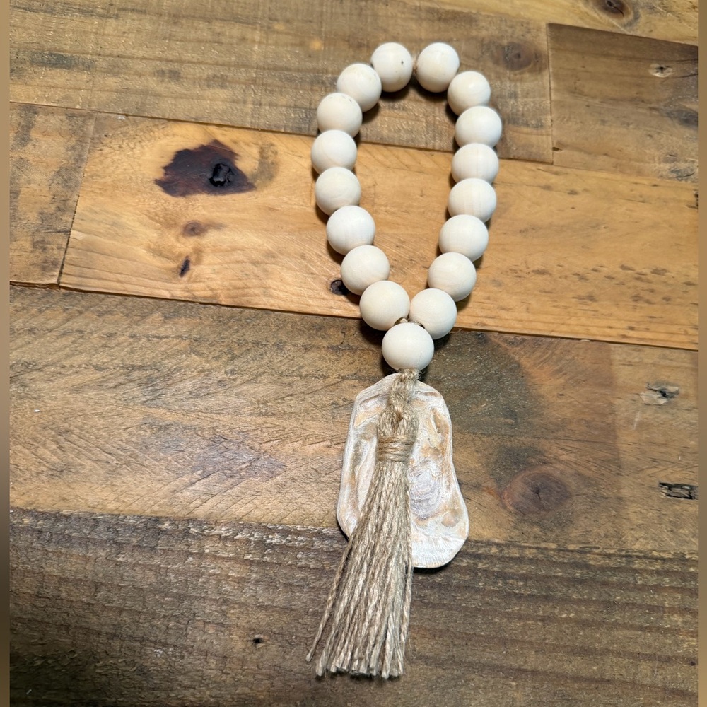 Neutral Wooden Bead Garland with Carved Pendant and Tassel